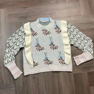 Sunday Up Floral Knit Ruffle Sweater Womens Large Ivory Pink Coquette Boho Fairy